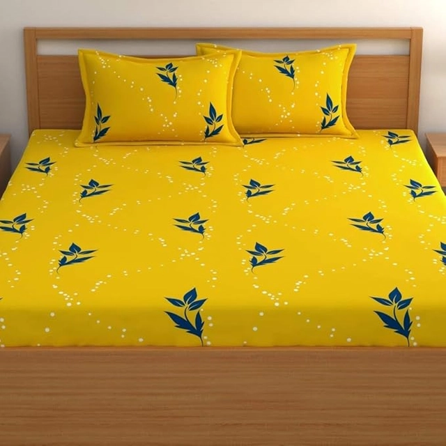 Cotton Floral Fitted Bedsheet With 2 Pillow Covers (Yellow Patti Fitted) (Mustard, Set Of 1)