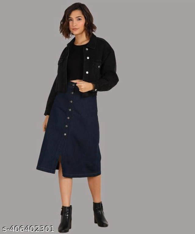 Denim Solid Skirt for Women (Black, 28)