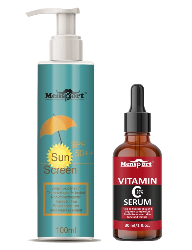 Mensport Broad Spectrum SPF Sunscreen Lotion (100 ml) with Vitamin C Facial Serum (30 ml) (Set of 2)