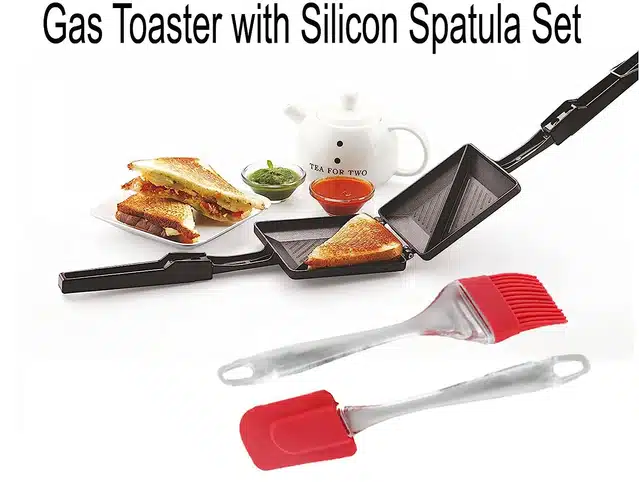 Manual Sandwich Maker with Silicon Spatula and Cooking Oil Brush (Set of 3, Multicolor)