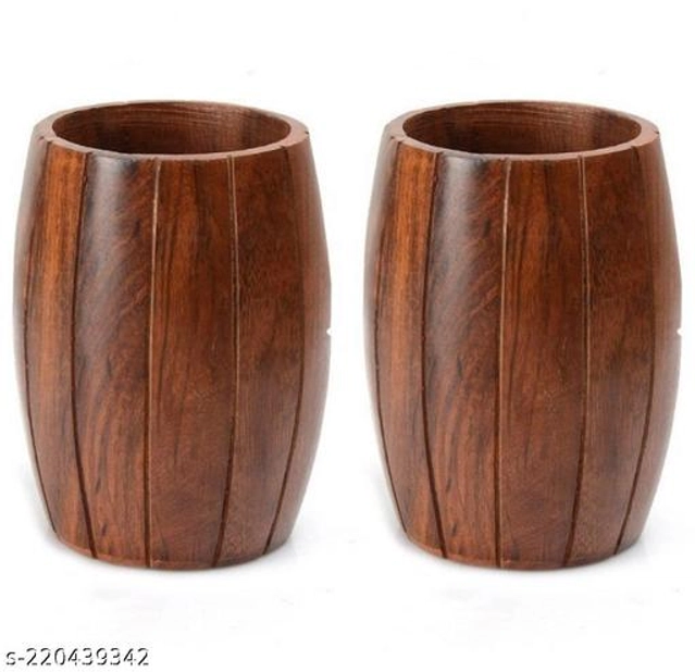 Wooden Sheesham Barrel Shaped Pen Holder (Brown, Pack of 2)