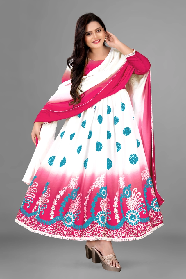 Jute Silk Printed Anarkali Kurti with Dupatta for Women (Pink & White, S)