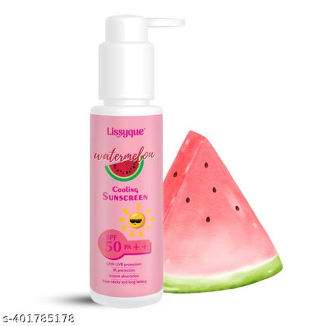  Lissyque Watermelon Sunscreen Lotion for All Skin Types, SPF 50++, Watermelon Scent, Fast Absorbing, Non-Greasy, Paraben Free- 100ml