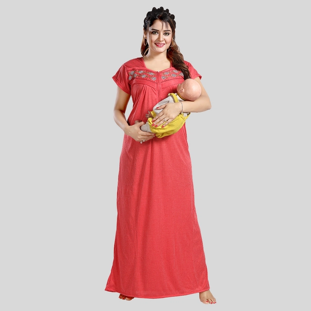 Satin Feeding Nighty for Women (Red, Free Size)