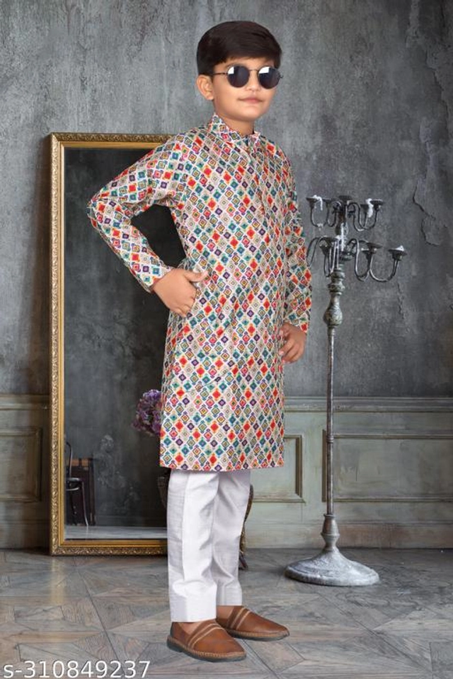 Art Silk Kurta Sets for Boys (3-4 Years, Grey & White)