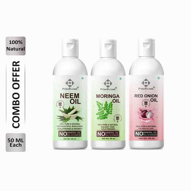 Puriflame Pure Neem Oil (50 ml), Moringa Oil (50 ml) & Red Onion Oil (50 ml) Combo for Rapid Hair Growth (Pack of 3) (B-12160)