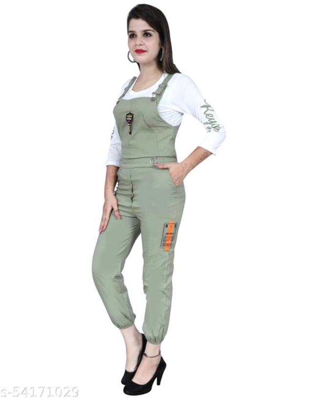 Cotton Blend Solid Dungaree for Women & Girls (White & Mint Green, M)