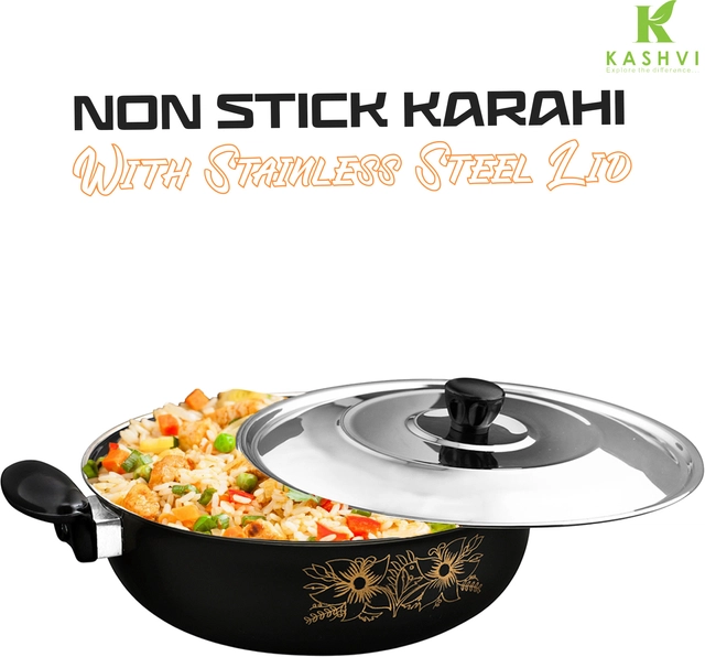 Cast Iron Kadai with Lid (Black & Silver, 28 cm)