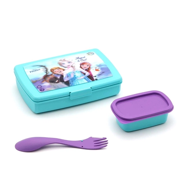 GLUMAN Frozen Series Flip Slim 3D Clip Lock Lid Lunch Box with Spork (600 ml + 200 ml,Set of 1)