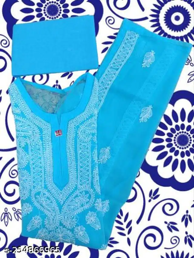 Georgette Embroidered Kurti for Women (Sky Blue, M)