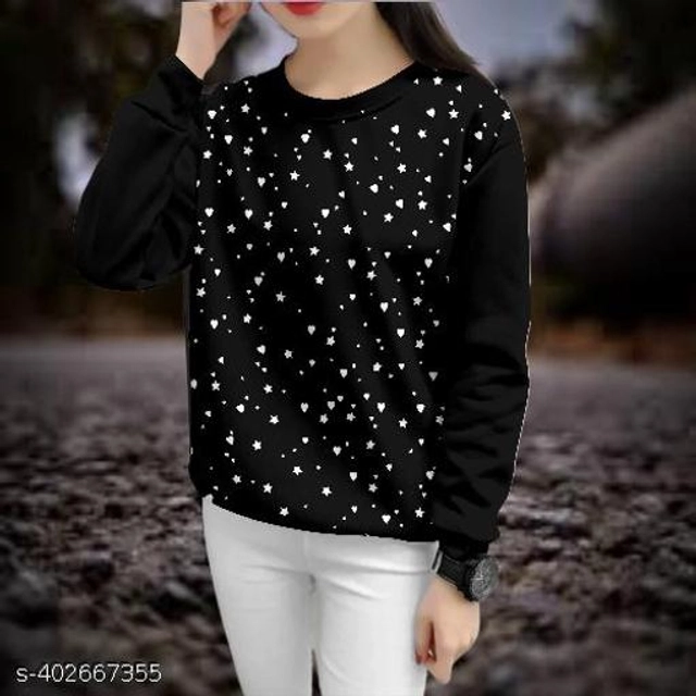 Cotton Round Neck Printed T-Shirt for Women (Black, XS)