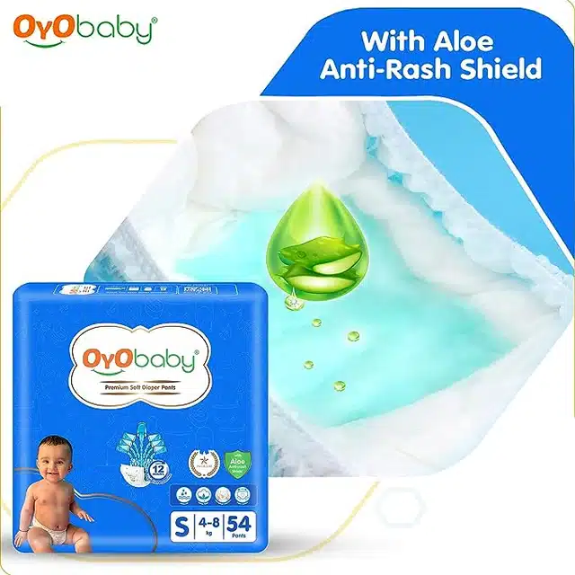 Oyo Baby Diaper Premium Pants, Small Size Baby Diapers Pants, Anti Rash Diapers, Lotion With Aloe Vera |12 Hours Protection (54 Units - Pack Of 2, Small)