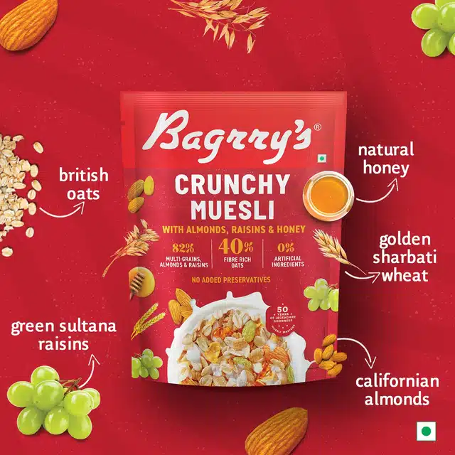 Bagrry's Crunchy Muesli with Akmonds, Raisins & Honey 40% Fibre Rich Oats 425 g