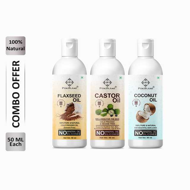 Puriflame Pure Flaxseed Oil (50 ml), Castor Oil (50 ml) & Coconut Oil (50 ml) Combo for Rapid Hair Growth (Pack Of 3) (B-10520)