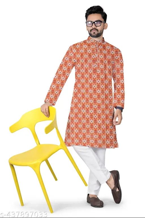 Cotton Ethnic Motif Kurta for Men (Peach, S)