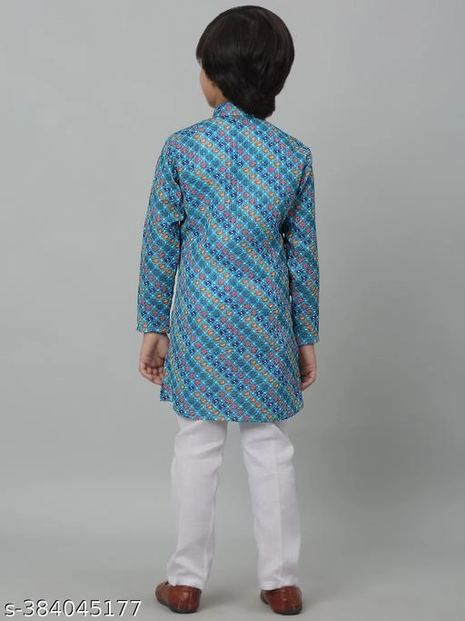 Cotton Blend Kurta with Pyjama for Boys (Blue & White, 1-2 Years)