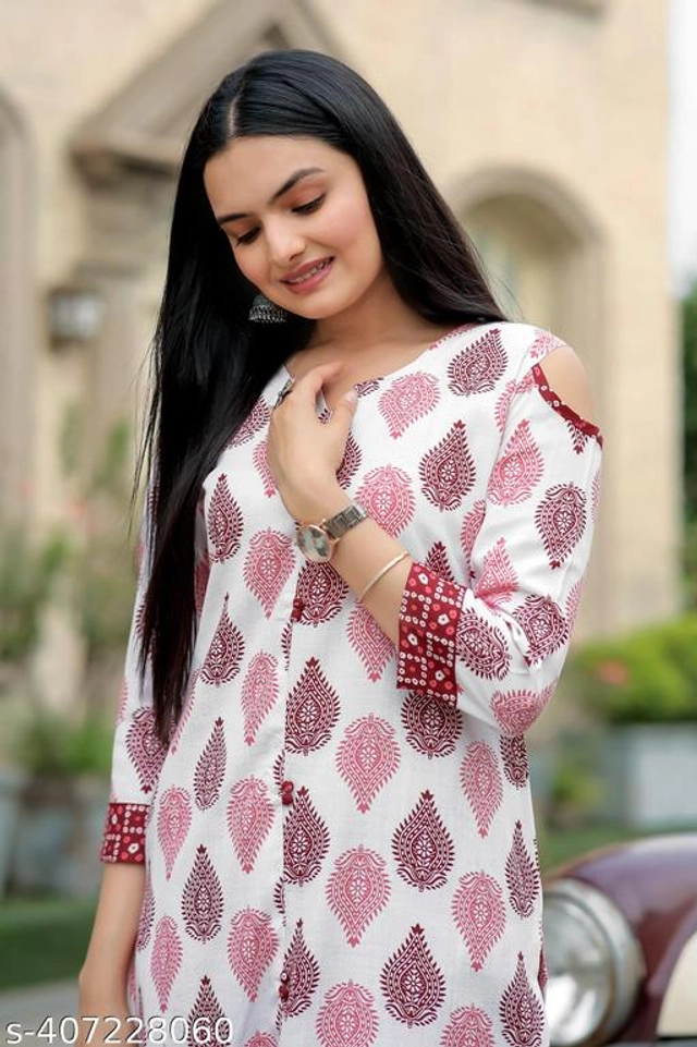 Cotton Linen Printed Kurti with Pant for Women (Maroon & White, S)