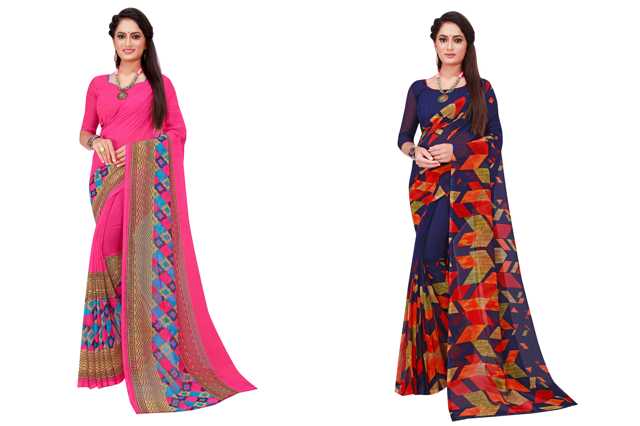 Florences Womens Georgette Saree With Unstiched Blouse (Navy Blue & Pink, 5.5 m) (F2570) (Pack of 2)