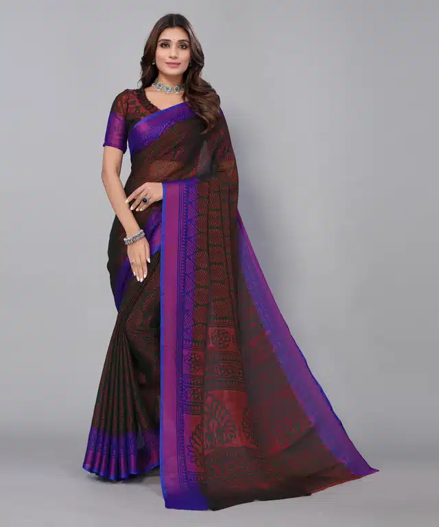 Women's Designer Chiffon Brasso Floral Printed Saree with Blouse Piece (Brown) (S-208)