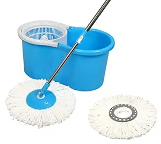 Plastic Spin Bucket Mop with Microfiber Refill (Blue, Set of 1)