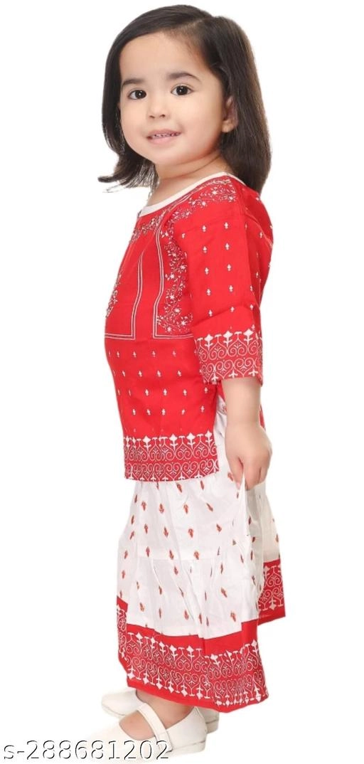 Rayon Kurta Set for Girls (Red & White, 0-3 Months)