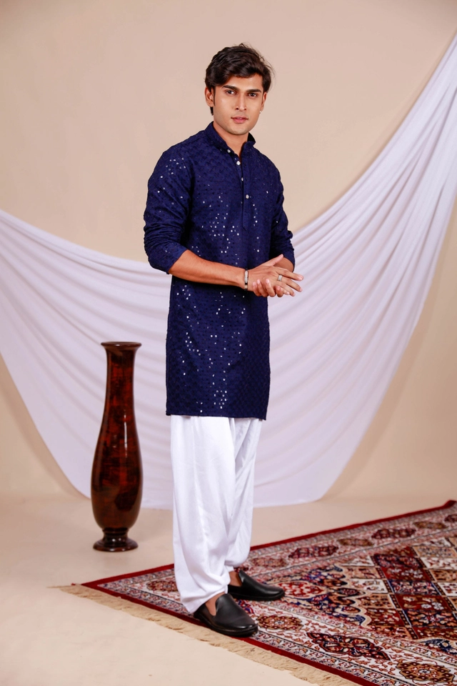 Cotton Blend Embroidered Kurta for Men (Navy Blue, S)