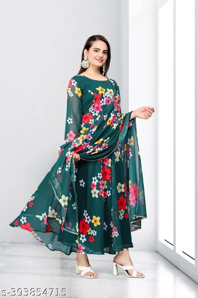 Georgette Printed Gown with Dupatta for Women (Bottle Green, S)