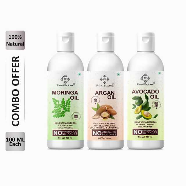 PuriFlame Pure Moringa Oil (100 ml) & Argan Oil (100 ml) & Avocado Oil (100 ml) Combo For Rapid Hair Growth (Pack Of 3) (B-5365)