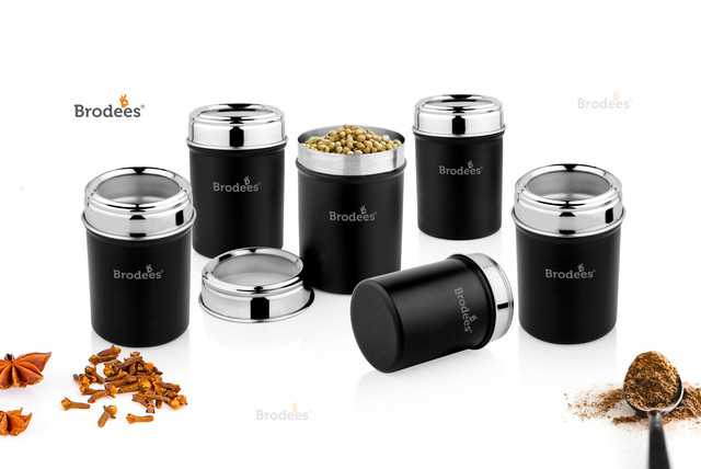 Stainless Steel Top See Thru Spice Container Steel Utility Container (300 ml) (Pack of 6, Black) (A-43)