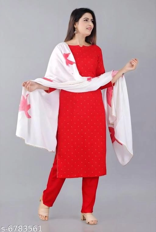 Rayon Solid Kurti with Pant & Dupatta for Women (Red & White, M)