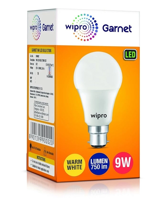 WIPRO 9 W Standard B22 LED Bulb  (White, Pack of 1)