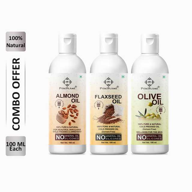 PuriFlame Pure Almond Oil (100 ml) & Flaxseed Oil (100 ml) & Olive Oil (100 ml) Combo For Rapid Hair Growth (Pack Of 3) (B-1704)