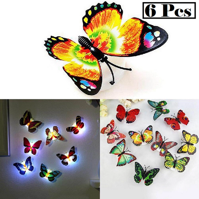 Plastic LED 3D Butterfly Wall Stickers (Multicolor, Pack of 6)