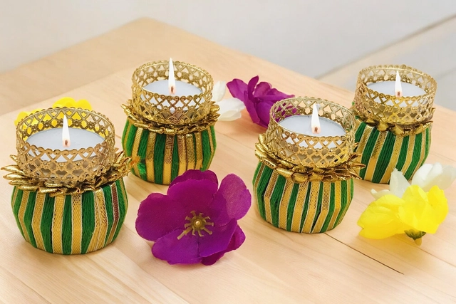 Metal Designer Tealight Candle Holder (Green, 4x4x5.5 cm) (Pack of 4)