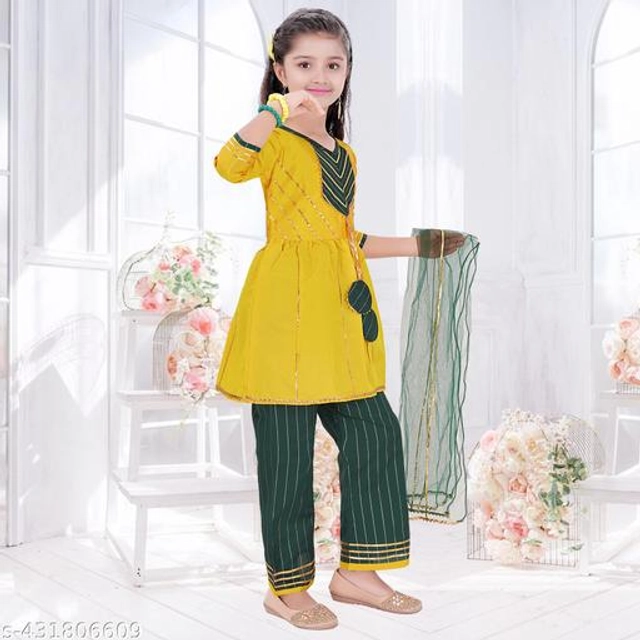 Poly Silk Kurta Sets for Girls (Yellow & Green, 2-3 Years)