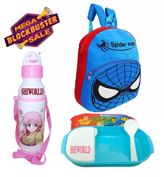 Kids Backpacks with Lunch Box & Water Bottle (Multicolor) (Pack of 3)