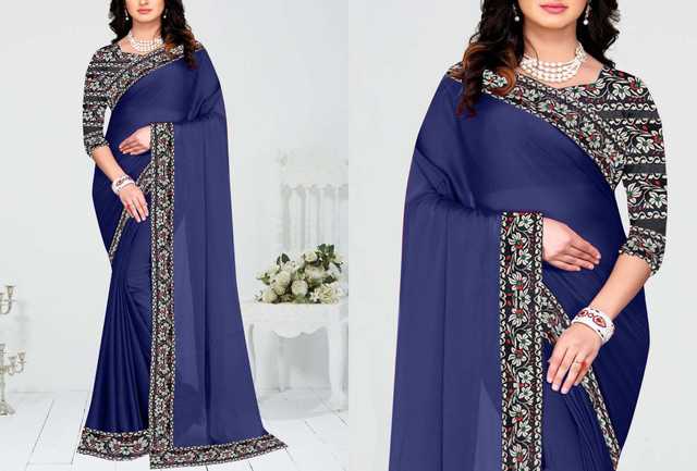 Inder Fashion Chanderi Cotton Saree With Running Blouse For Women (Navy Blue, 6.30 m) (IF-6)