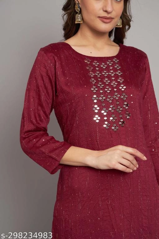 Cotton Embellished Kurti for Women (Maroon, M)