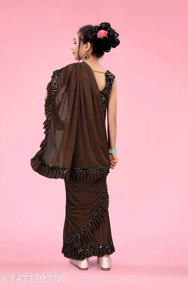 Solid Fancy Saree for Girls with Blouse (Brown, 3-4 Years)