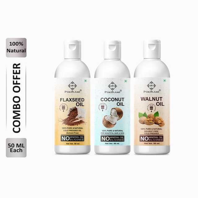 Puriflame Pure Flaxseed Oil (50 ml), Coconut Oil (50 ml) & Walnut Oil (50 ml) Combo for Rapid Hair Growth (Pack Of 3) (B-10548)