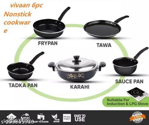 Combo of Sauce Pan, Tadka Pan, Fry Pan, Tawa & Kadai with Lid (Black, Set of 5)