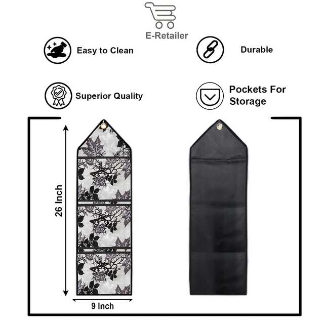 Polyester Wall Hanging Storage Organizer With 3 Utility Pockets (Black, 26x9 Inches) (E-47)