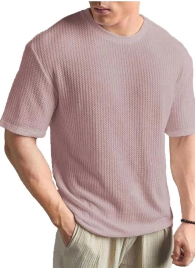 Round Neck Solid T-Shirt for Men (Pink, S)