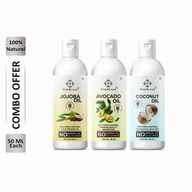 Puriflame Pure Jojoba Oil (50 ml), Avocado Oil (50 ml) & Coconut Oil (50 ml) Combo for Rapid Hair Growth (Pack Of 3) (B-11387)