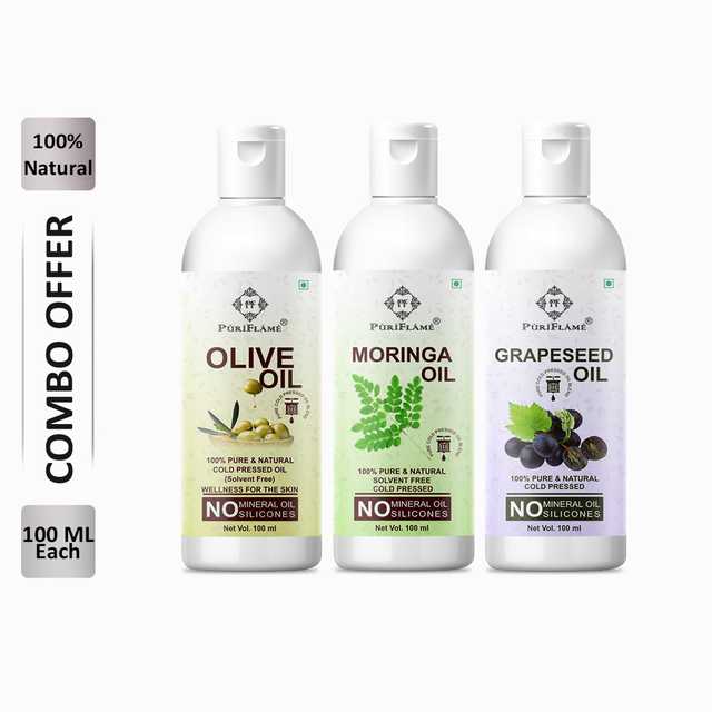 PuriFlame Pure Olive Oil (100 ml) & Moringa Oil (100 ml) & Grapeseed Oil (100 ml) Combo For Rapid Hair Growth (Pack Of 3) (B-6236)