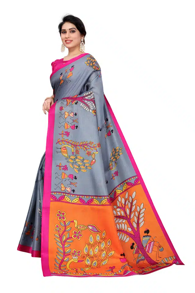 Printed Saree with Blouse Piece for Women (Grey, 6.3 m)