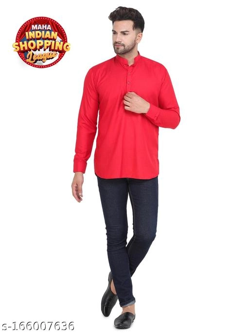 Cotton Blend Solid Short Kurta for Men (Red, S)