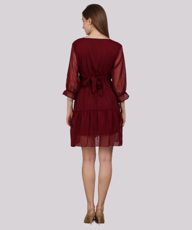 Georgette Solid Flared Dress for Women (Maroon, 36)