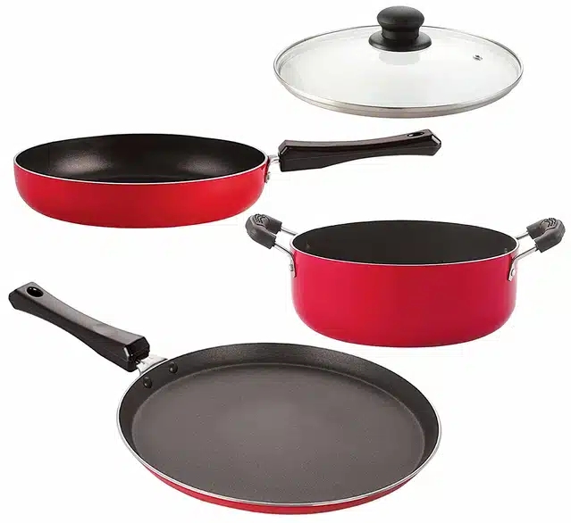 Aluminium Nonstick Cookwear Set with Glass Lid (Red, Set of 4)