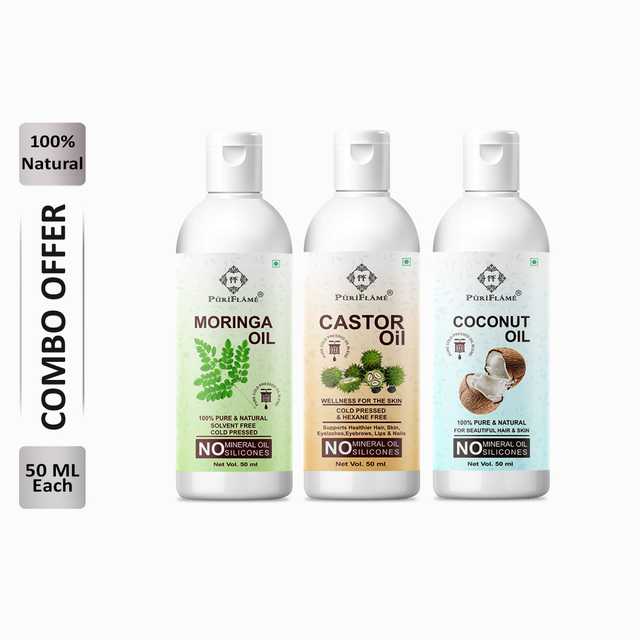 Puriflame Pure Moringa Oil (50 ml), Castor Oil (50 ml) & Coconut Oil (50 ml) Combo for Rapid Hair Growth (Pack Of 3) (B-11744)